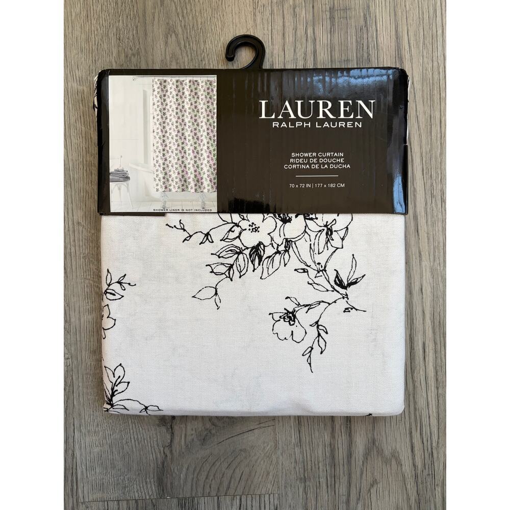 NEW Lauren Ralph Lauren 70x72 in White Shower Curtain w/ Black Floral Print
